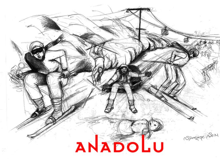 Karakalem İmgesel Kayak Yapan İnsanlar Çizimi Çanakkalede