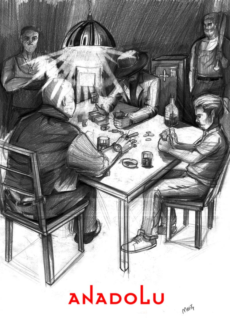 İmgesel karakalem kahvede oyun oynayanlar Çanakkalede